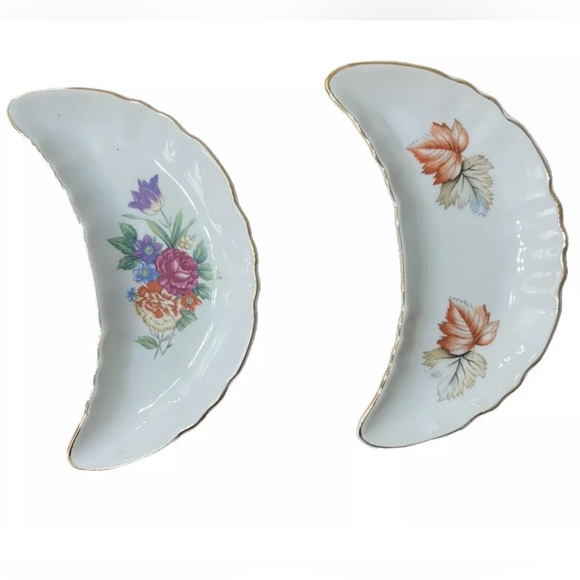 Vintage Bone Dish Crescent Moon Set 2 Chadwick Japan MCM Floral Rose Maple Gold - Picture 2 of 10